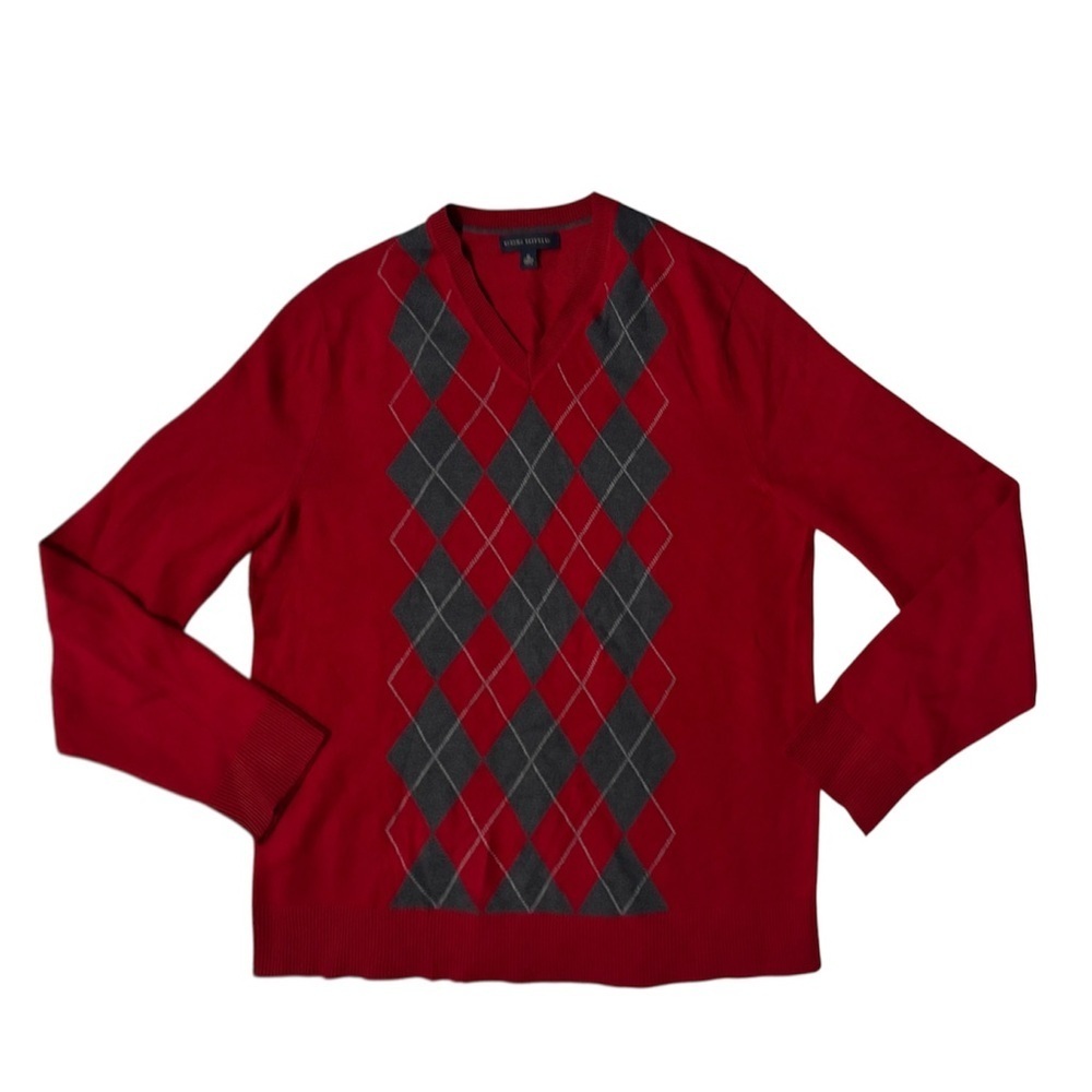 BANANA REPUBLIC Men’s Red and Gray Argyle V-Neck Sweater